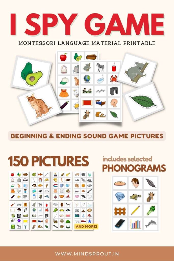 i spy games, sound games, picture cards for beginning sounds and ending sounds, montessori language, mindsprout