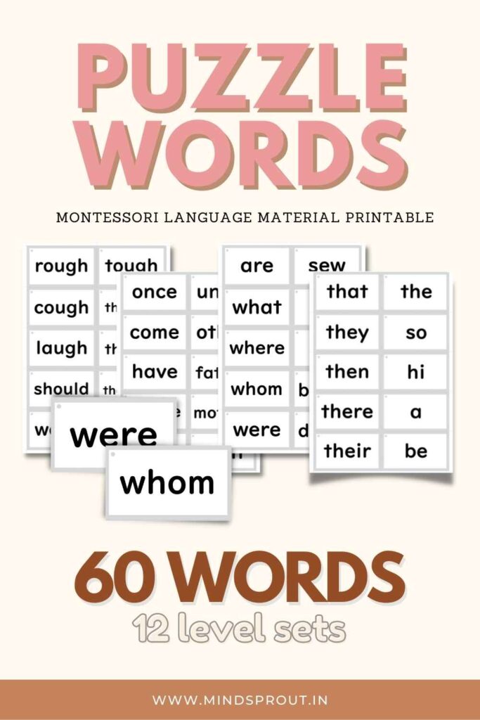 puzzle words, montessori language material, mindsprout