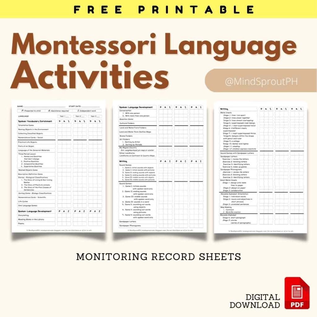 free printable montessori language activities record sheet, mindsprout