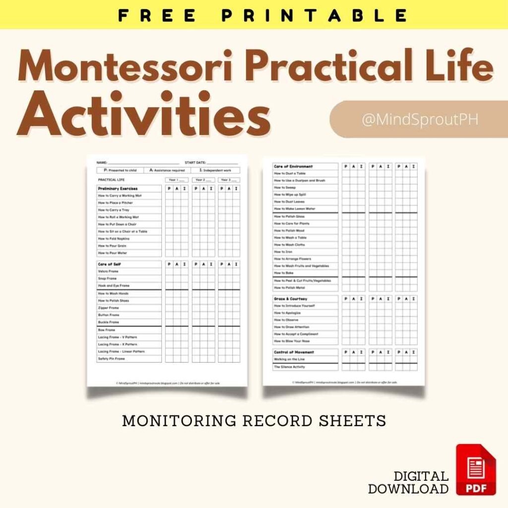 montessori practical life activities, record sheet, mindsprout
