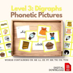 digraphs, phonetic pictures, montessori language material, mindsprout
